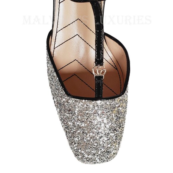 GUCCI SHOES T-STRAP SILVER GLITTER SLINGBACK PUMPS w DOUBLE G LOGO sz 37.5 7.5 - Picture 11 of 14